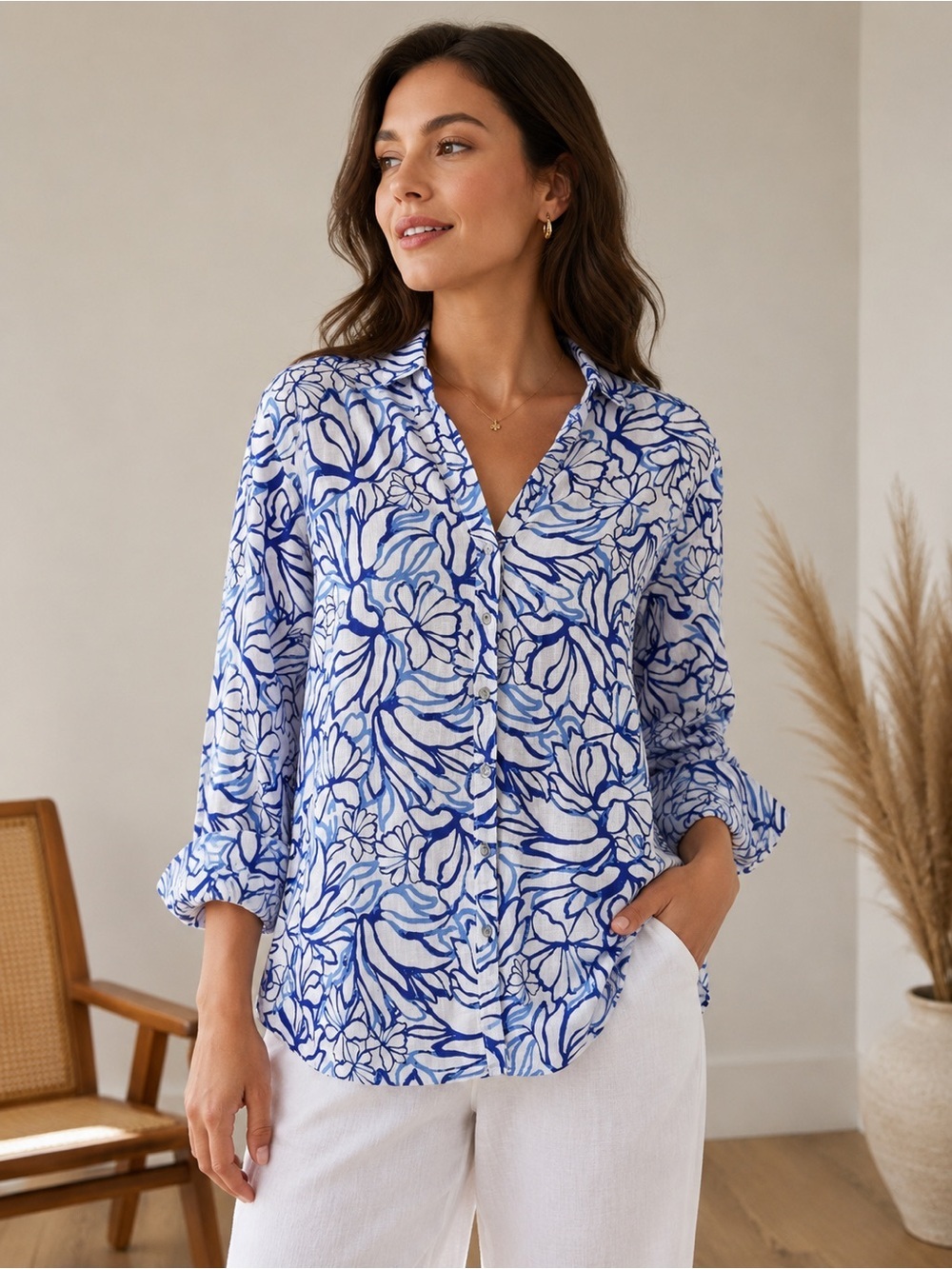 Martha Stewart printed linen button down medium